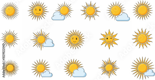 A collection of cartoon sun icons with different expressions and cloud variations on a white background.