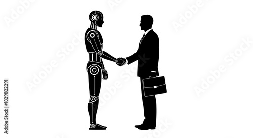 Businessman and robot shaking hands partnership silhouette vector