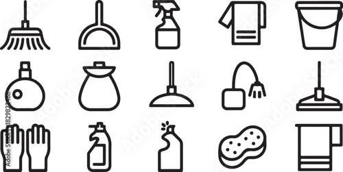 Set of cleaning icons vector illustration featuring various cleaning tools and supplies for housework and hygiene