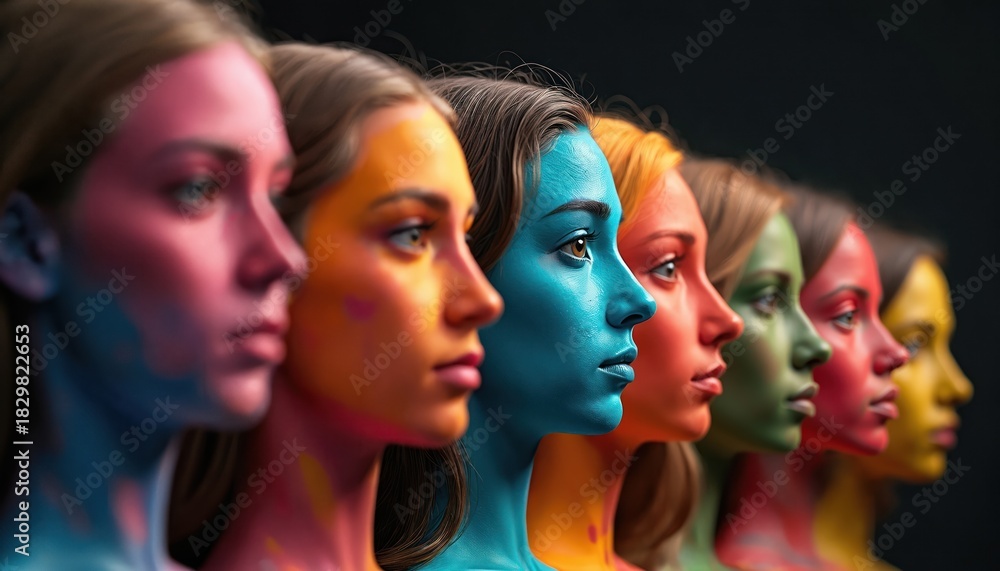 Obraz premium Illustration of diverse women with painted faces stands together. Faces colored with different hues in a row. Concept of equality inclusivity and acceptance. Diversity is beautiful.