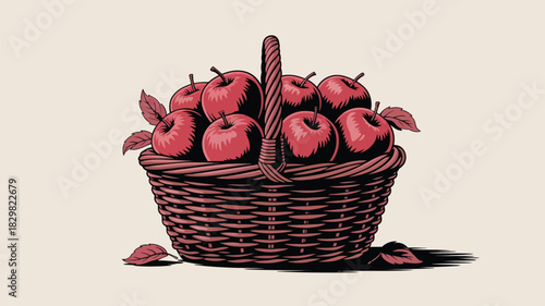 Vintage-style basket overflowing with fresh red apples, evoking autumn harvest charm and rustic simplicity for your creative projects now