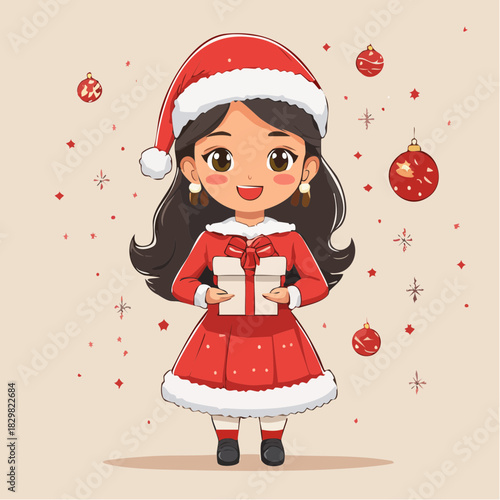 A cheerful cartoon girl in a Santa outfit holding a wrapped gift.