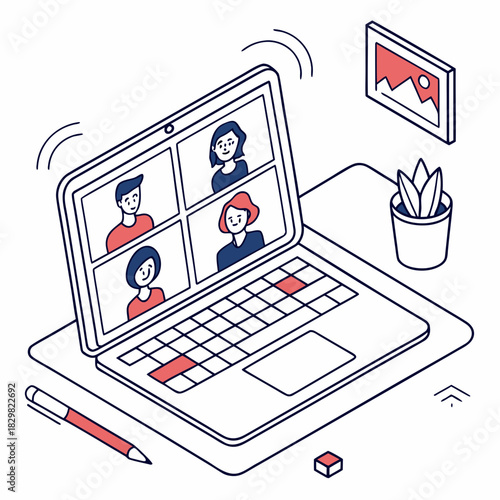 Illustration of video conference on laptop with charts and participants