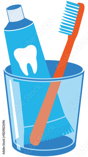Toothbrush and toothpaste in cup for daily dental hygiene care
