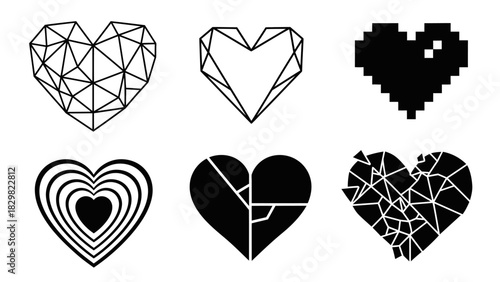 Collection of six differently styled heart illustrations in black and white