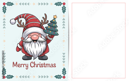 A cute Christmas gnome wearing a red striped hat and reindeer antlers holds a small decorated Christmas tree