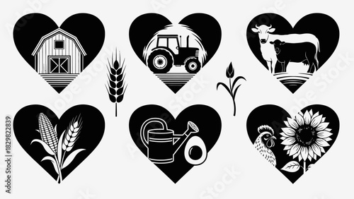 Rustic farm life icons in heart shapes black and white vector