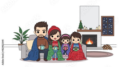 Cute kawaii family drinking hot cocoa with marshmallows during winter. Ideal for warm cozy holiday scenes and adorable family Christmas memories