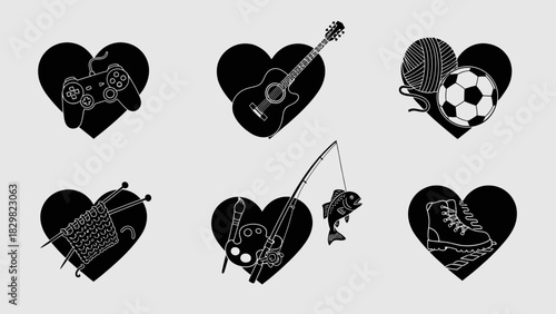 Heart icons representing hobbies and interests in black and white style