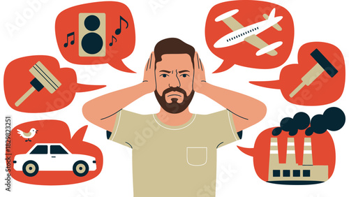 Man stressed by noise pollution and loud environmental sounds illustration
