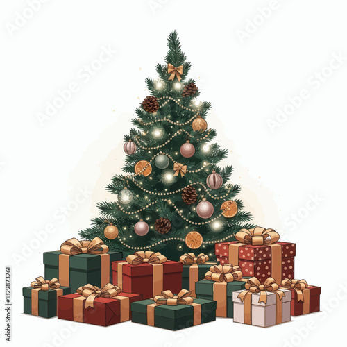 Festive Holiday Illustration A Beautifully Decorated Christmas Tree Surrounded by Wrapped Gifts, Joy