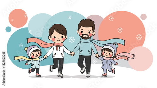 Kawaii parents and children ice skating together with rosy cheeks and pastel scarves. Ideal for cute winter activities and holiday family fun