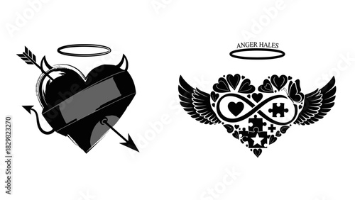 Hearts with angel and devil elements in black and white illustration