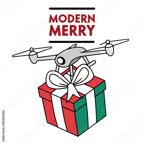 Modern Merry Christmas Delivery – High-tech Drone Flying a Gift Box, Holiday Present, Modern Santa, Fast Shipping, Future of Shopping, Tech Vector Illustration, Winter Season & Seasonal Commerce