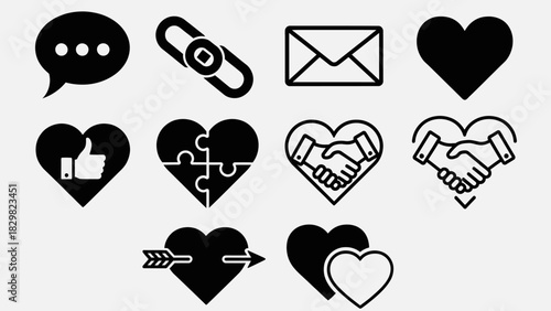 Social media icons set with hearts links mail and handshake symbols