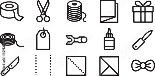 Set of minimalist outline icons related to crafting and gift wrapping vector illustration