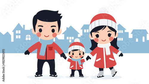 Kawaii parents and children ice skating together with rosy cheeks and pastel scarves. Ideal for cute winter activities and holiday family fun