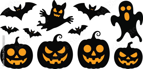 Halloween collection with black flying bats, carved pumpkin faces, and a friendly looking ghost character