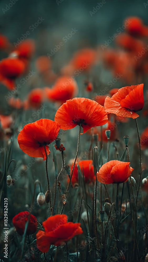 Obraz premium Bright Red Poppy Flowers in a Lush Green Field Under Soft Light