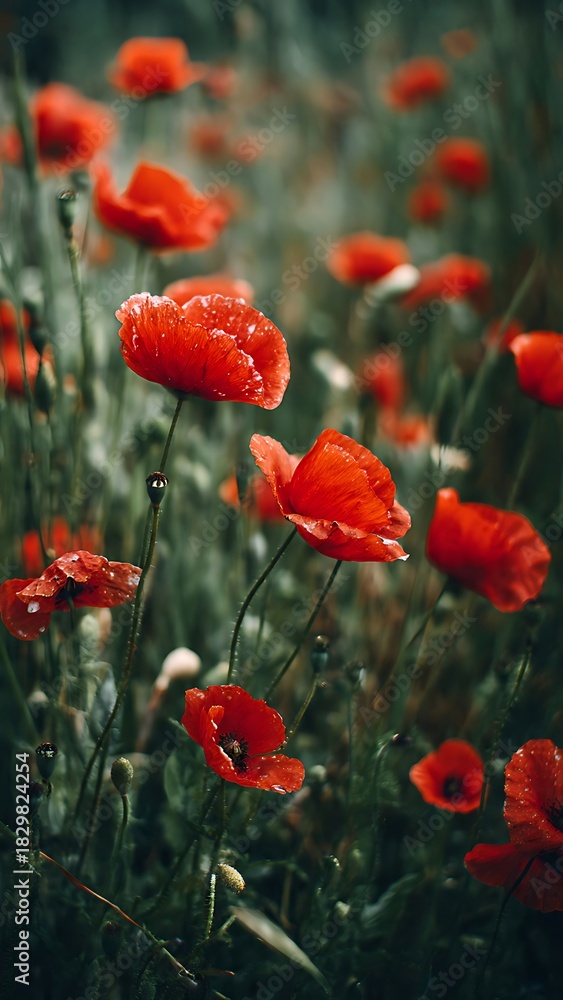 Obraz premium Vibrant Red Poppy Flowers Blooming in a Lush Green Field at Sunrise