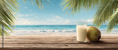 Fototapeta Naklejka Na Ścianę i Meble -  Fresh coconut water on rustic wooden table with tropical beach, blue ocean and palm leaves background