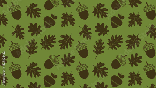 Charming fall pattern with acorns and oak leaves on green background for autumn crafts or seasonal designs creating a rustic, natural feel
