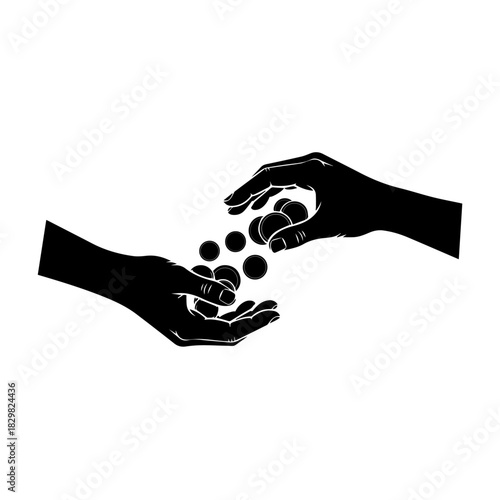 Two hands exchanging coins, symbolizing financial transaction and charity.