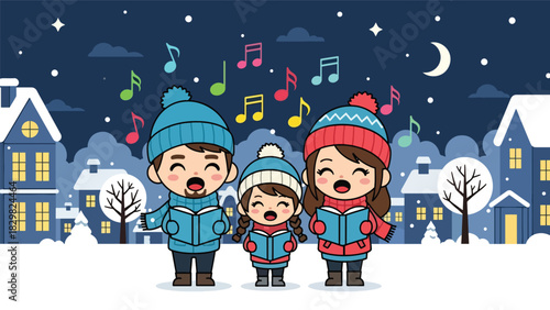 Kawaii family singing cheerful Christmas carols with smiling music notes floating around. Perfect for festive winter energy and adorable family tradition