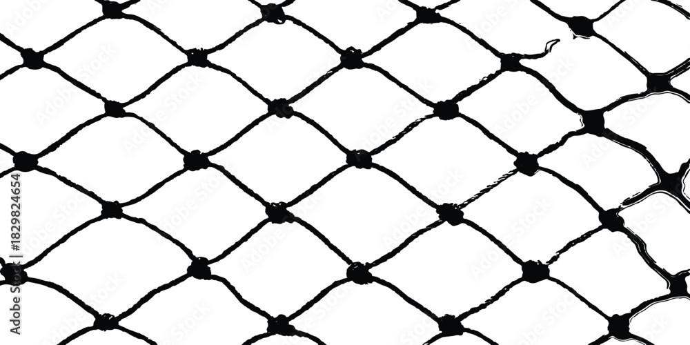 Fototapeta premium Black chain link fence pattern on a white background. The texture of the metal mesh. Torn, destroyed, broken metal mesh on a white background. Football or tennis net. Rope mesh on a white background. 