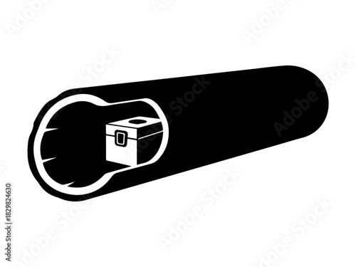 Small box with a handle inside a large hollow tube.