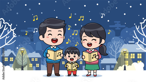 Kawaii family singing cheerful Christmas carols with smiling music notes floating around. Perfect for festive winter energy and adorable family tradition