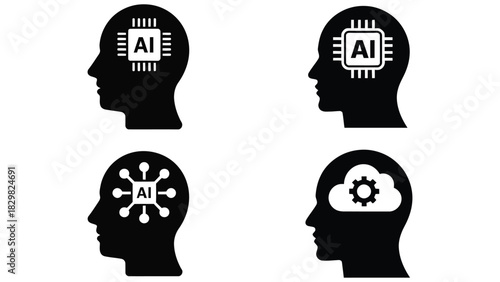 Artificial intelligence head icons with ai chip and brain technology symbols

