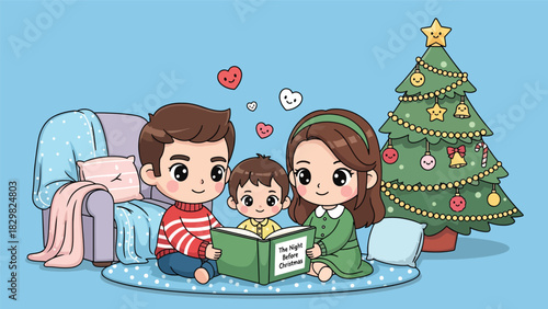 Kawaii family reading a cozy Christmas storybook near the tree. Perfect for warm winter moments, adorable family bonds, and seasonal magic