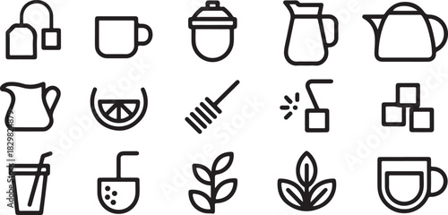Tea time icons collection including tea bag honey lemon and sugar cubes isolated on white