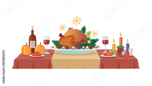 A Christmas feast table filled with roasted turkey, candles, gingerbread, fruits, and festive decorations