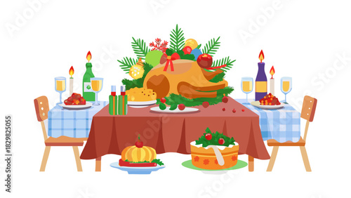 A Christmas feast table filled with roasted turkey, candles, gingerbread, fruits, and festive decorations