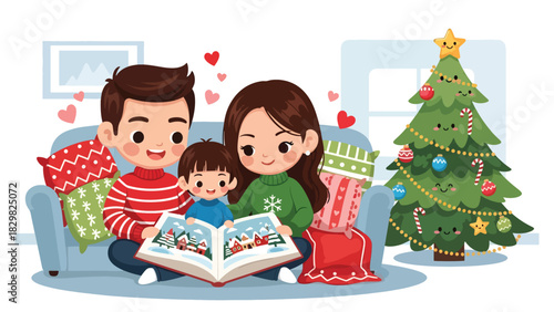 Kawaii family reading a cozy Christmas storybook near the tree. Perfect for warm winter moments, adorable family bonds, and seasonal magic
