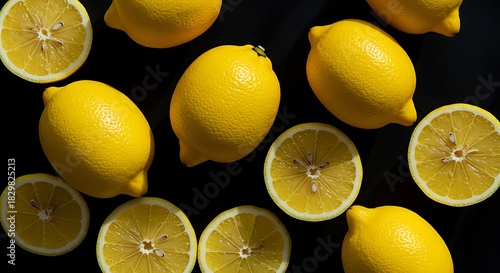 Overhead shot of whole and sliced vibrant yellow citrus fruits arranged on a dark surface