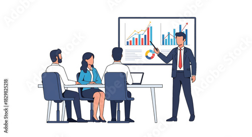 Business meeting presentation with people gathered around a table looking at charts on a screen