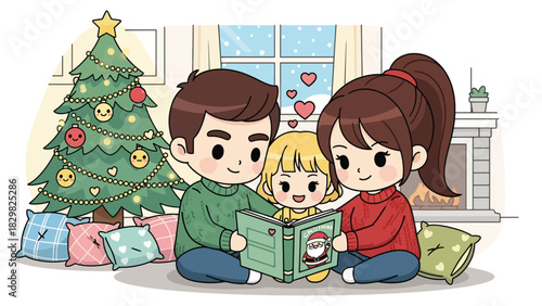 Kawaii family reading a cozy Christmas storybook near the tree. Perfect for warm winter moments, adorable family bonds, and seasonal magic