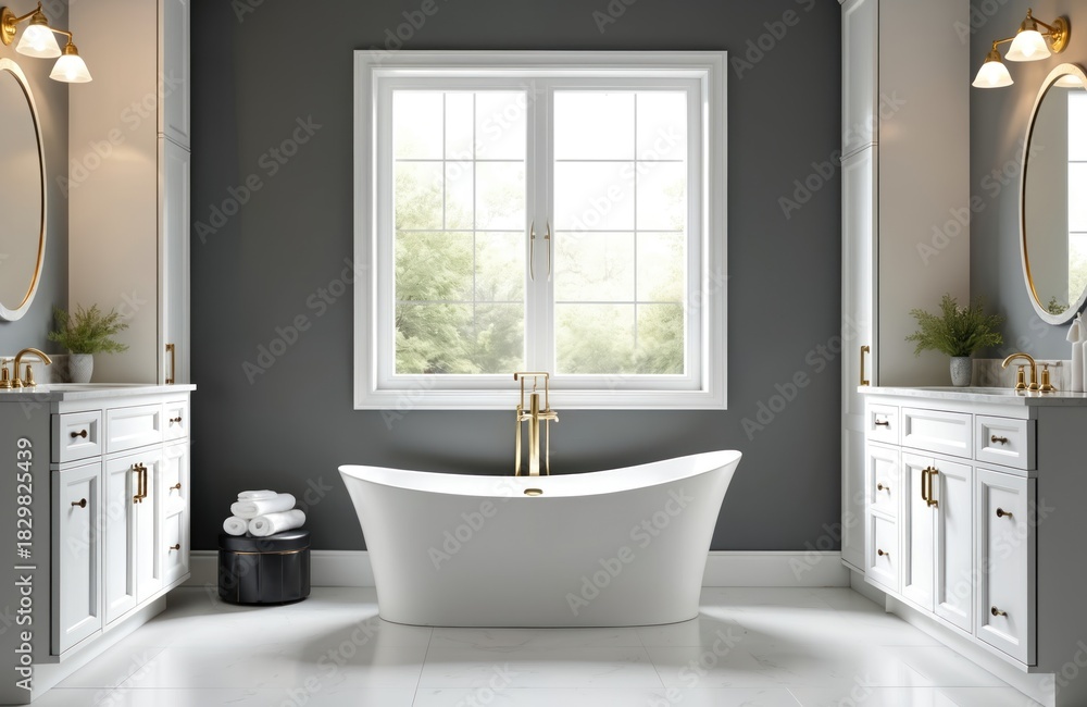 Fototapeta premium Luxury bathroom interior features freestanding bathtub by large window. Modern house design with white double vanity cabinets, gold fixtures. Elegant room dark gray walls, white marble floor. Clean,