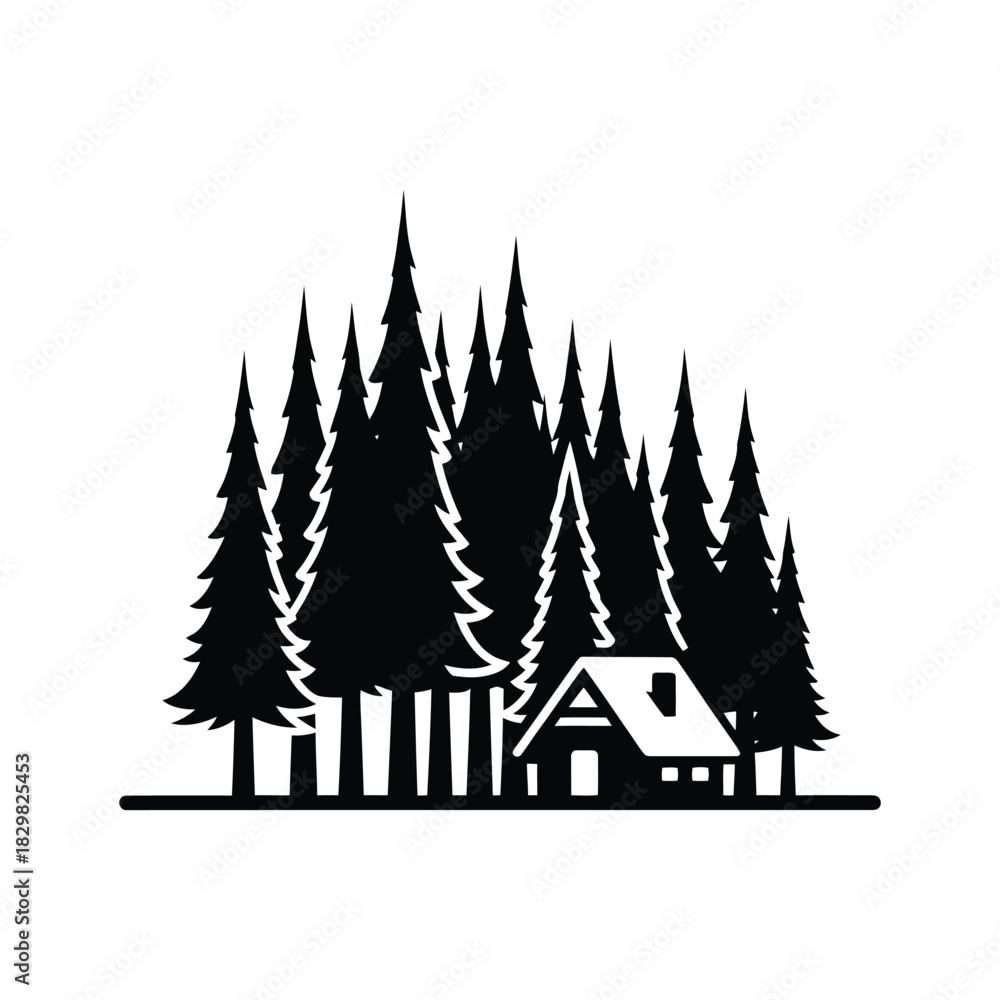 Obraz premium Tall trees forest scene with cabin silhouette vector illustration
