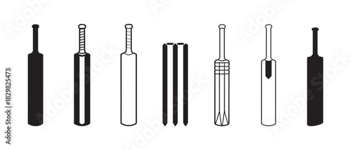 Cricket Bat and Stumps Icon Set | Sports Equipment Game Vector Silhouette