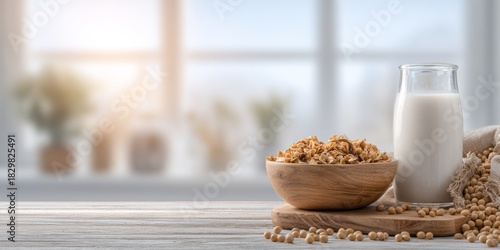 Granola with soy milk and soybeans on wooden table