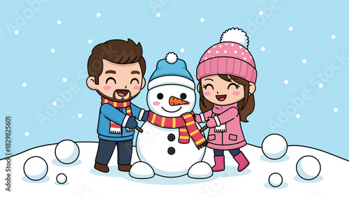 Kawaii family building a smiling snowman outdoors. Ideal for playful winter activities, family bonding, and adorable Christmas fun