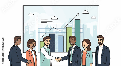Business partners shaking hands in front of a growth chart and city skyline