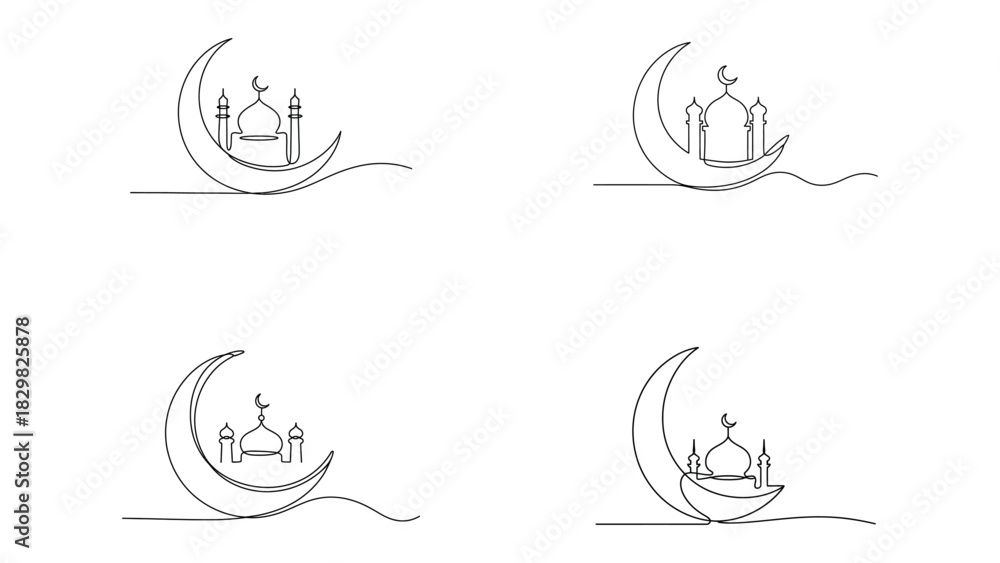 Fototapeta premium Islamic mosque and crescent moon in elegant continuous line drawing