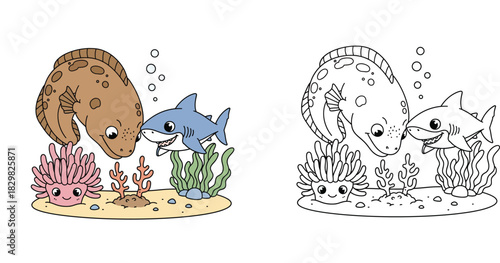 Cute cartoon moray eel and baby shark looking at coral reef vector illustration. Adorable marine animal friends swimming together with pink anemone on sand.