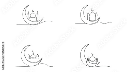 Islamic mosque and crescent moon in elegant continuous line drawing
