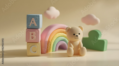 Teddy bear and pastel abc blocks for childhood learning